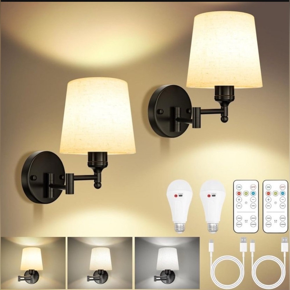 Set Of Two Swing Arm Rechargeable Wall Sconces  with Remote, 3 Colors